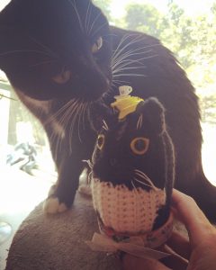 Lilliput and her crochet cactus doppelganger. 
