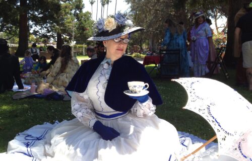 Gail Carriger 1850s Victorian Blue White Teacup Cape picnic costume historical