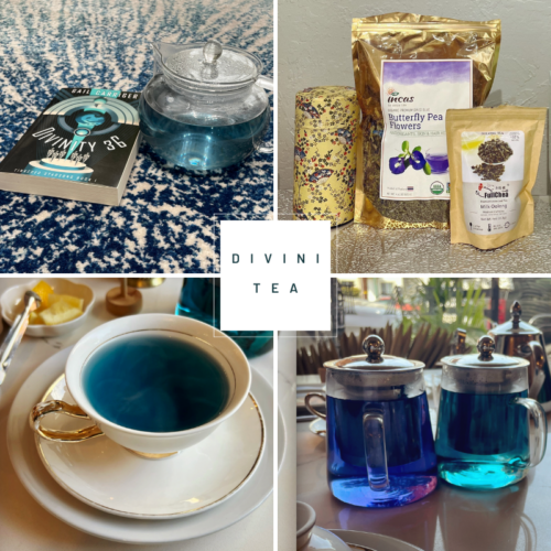 Divini-tea 36! (snerk) My favorite milk oolong tea (Taiwan) colored with butterfly pea flowers (Thailand) so it matches my book cover (the far future).