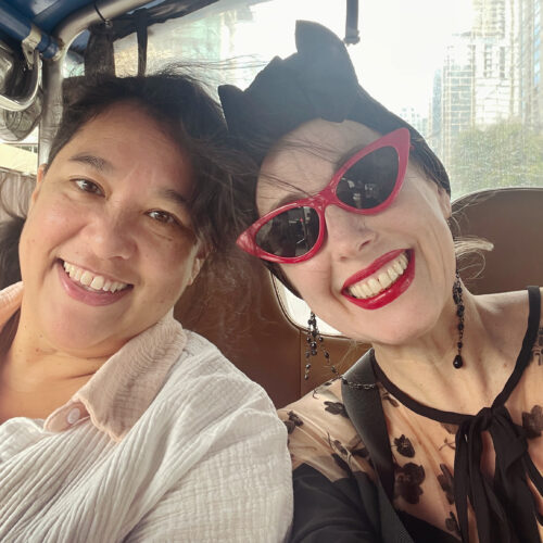 Gail Carriger Piper Drake tuk-tuk Thailand Bangkok smiles black red cream
