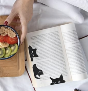 Magnetic Cat Bookmarks on books with hand and food for scale